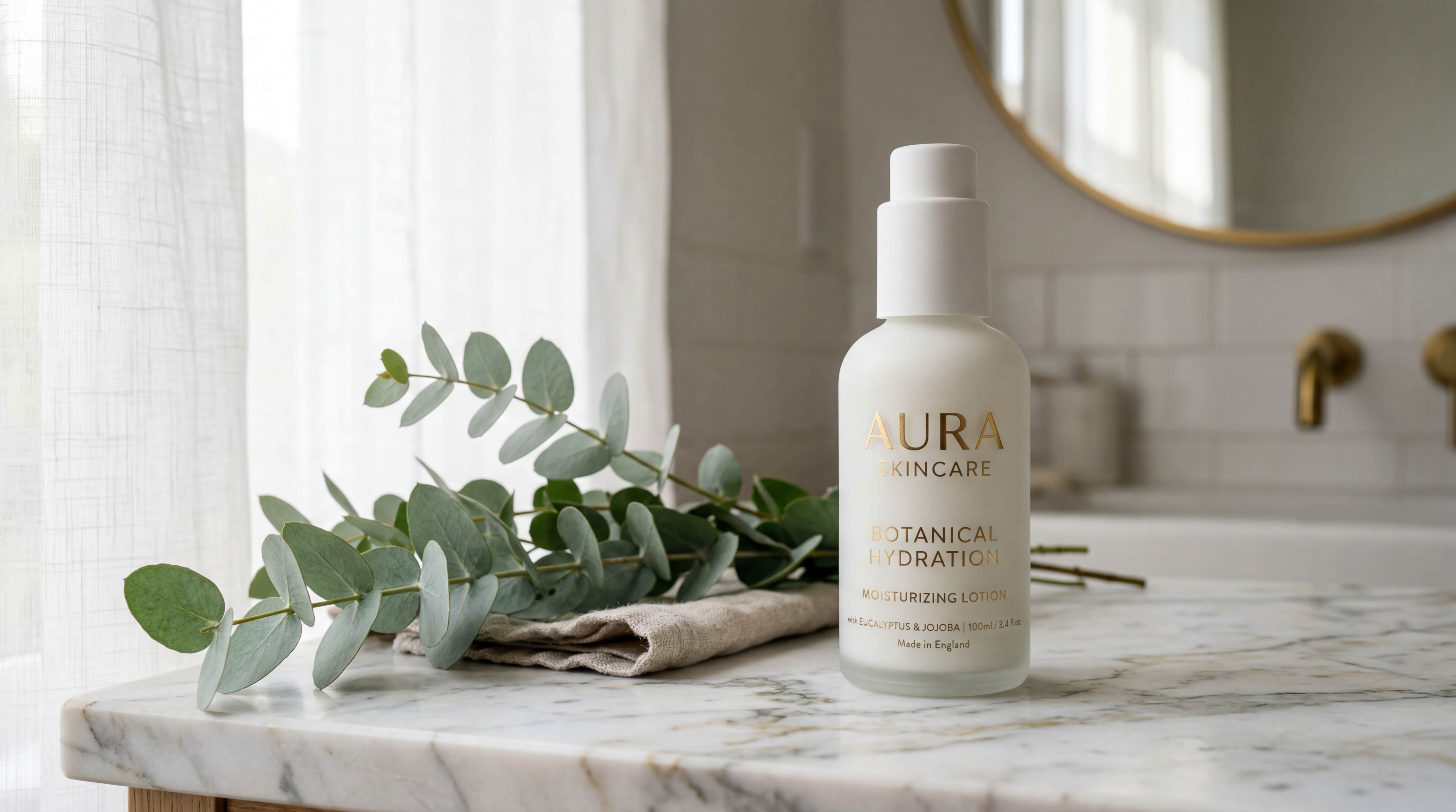 Minimalistische weiße Feuchtigkeitscreme-Flasche auf einer Marmor-Badezimmertheke