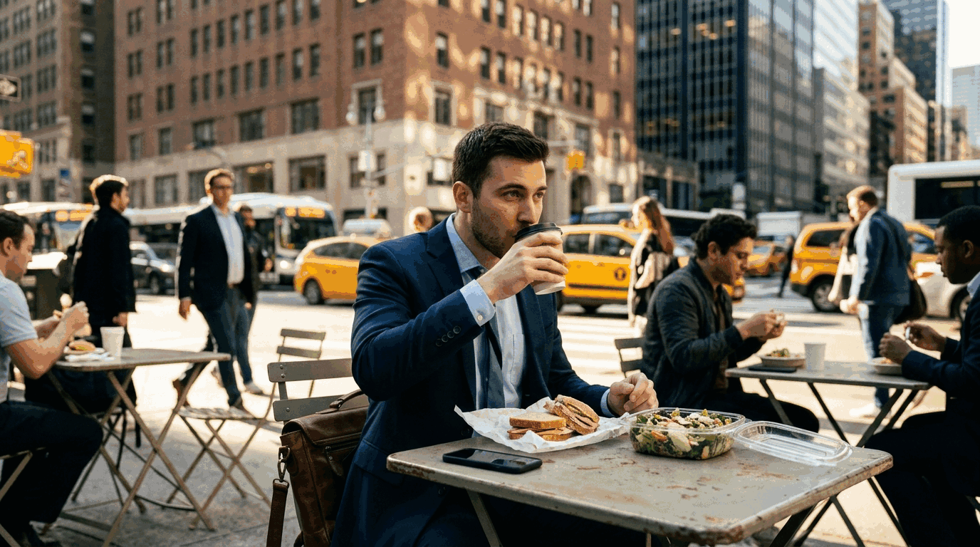 Ein Geschäftsmann im Anzug trinkt Kaffee in einem Outdoor-Stadtcafé während der Mittagspause