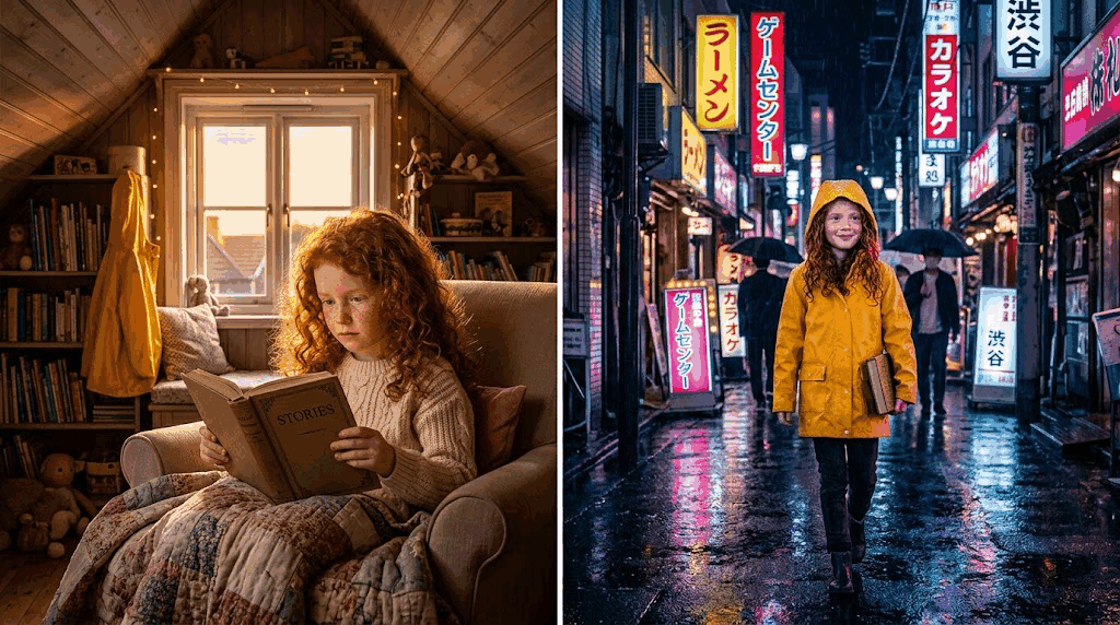 Ein junges Mädchen mit roten Locken in einem gelben Regenmantel, gezeigt in zwei Szenen: Lesen auf einem Dachboden und Spaziergang durch eine regnerische Tokio-Gasse