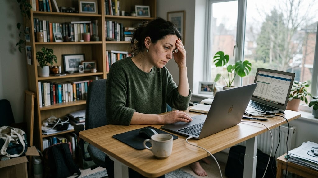 Eine Frau in den 30ern an einem Stehpult im Homeoffice, schaut mit müder Konzentration auf ihren Laptop
