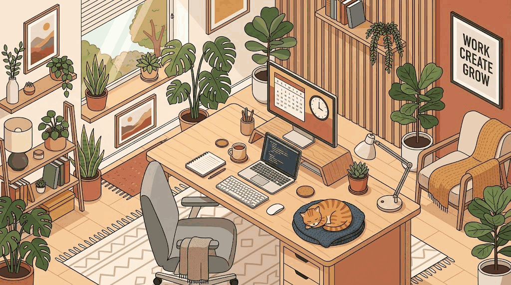 Flache isometrische Illustration eines gemütlichen Homeoffice mit einer schlafenden Katze auf dem Schreibtisch
