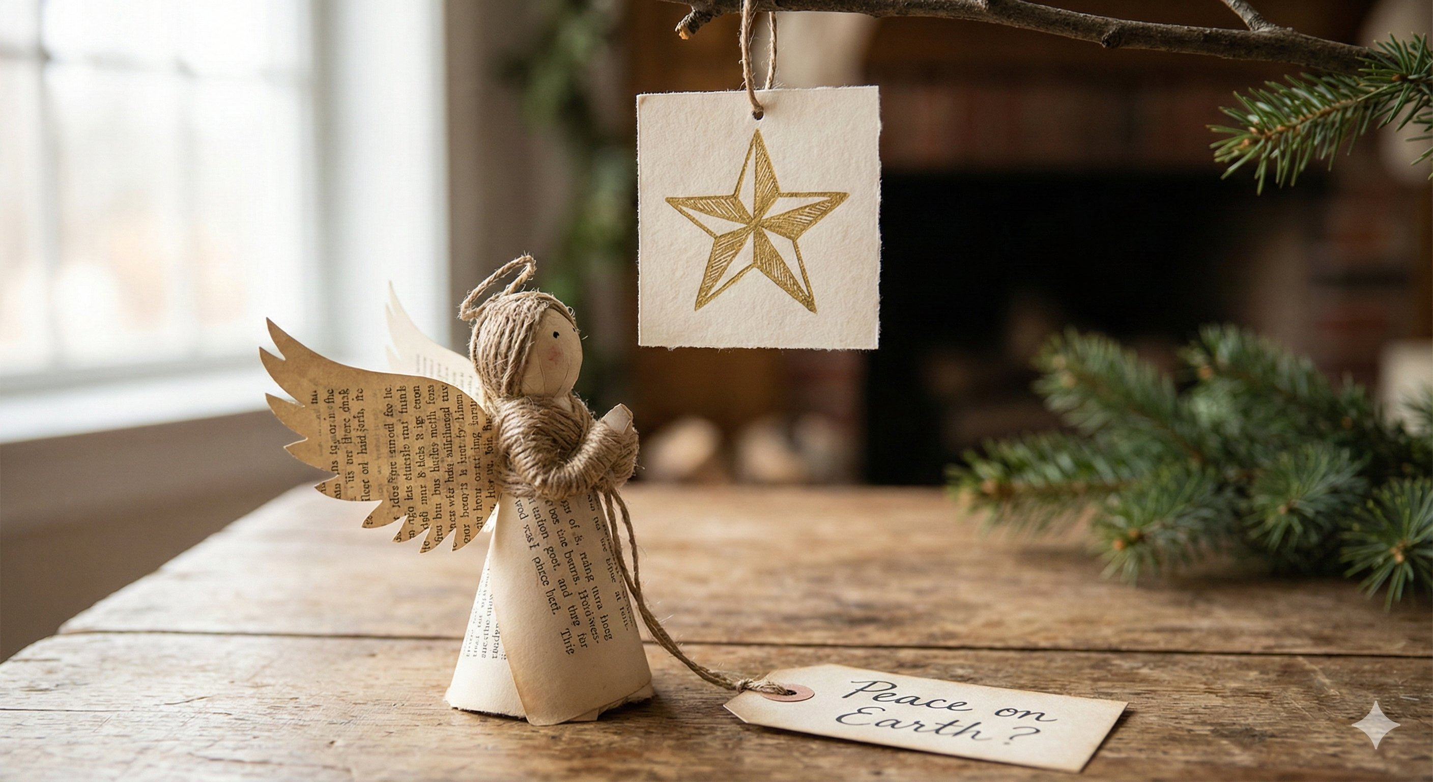 Angel with paper wings gazing at golden star