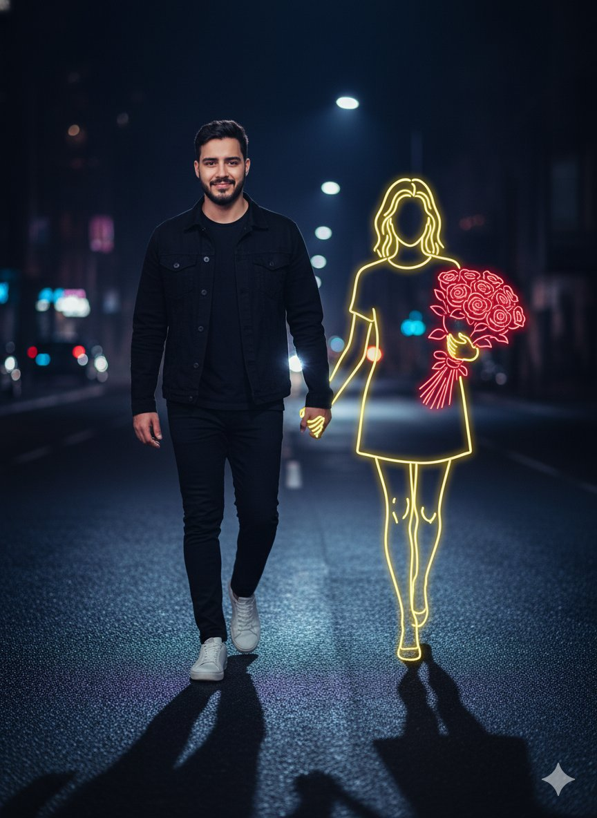 Cinematic night portrait with man and neon girl