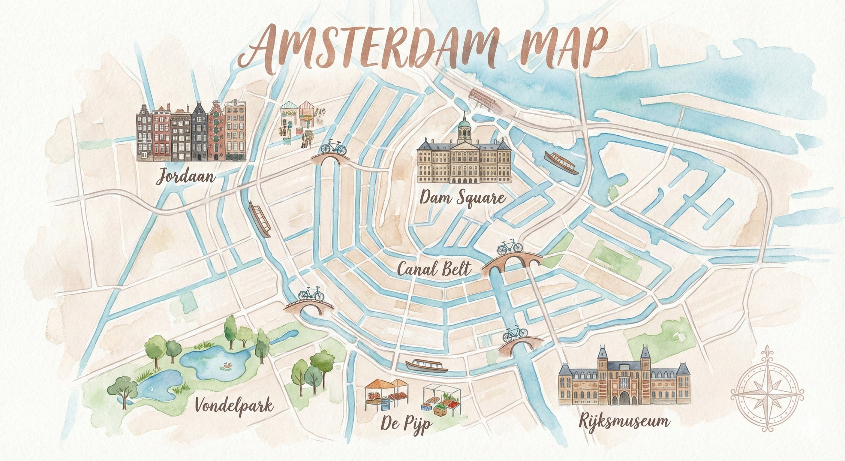 Watercolor travel map of a city