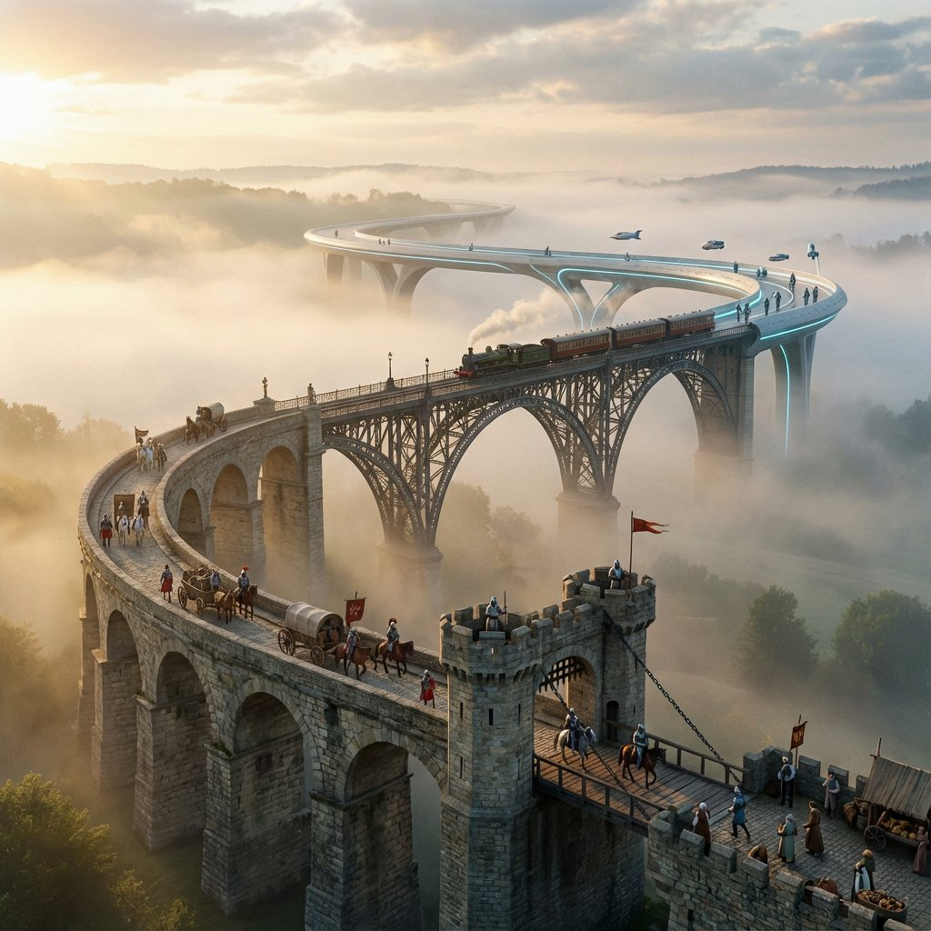 Winding bridge transitioning through architectural eras