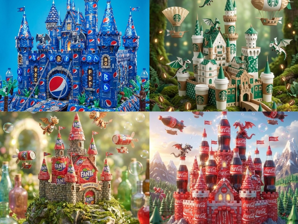 Fantasy castle made of Fanta bottle labels