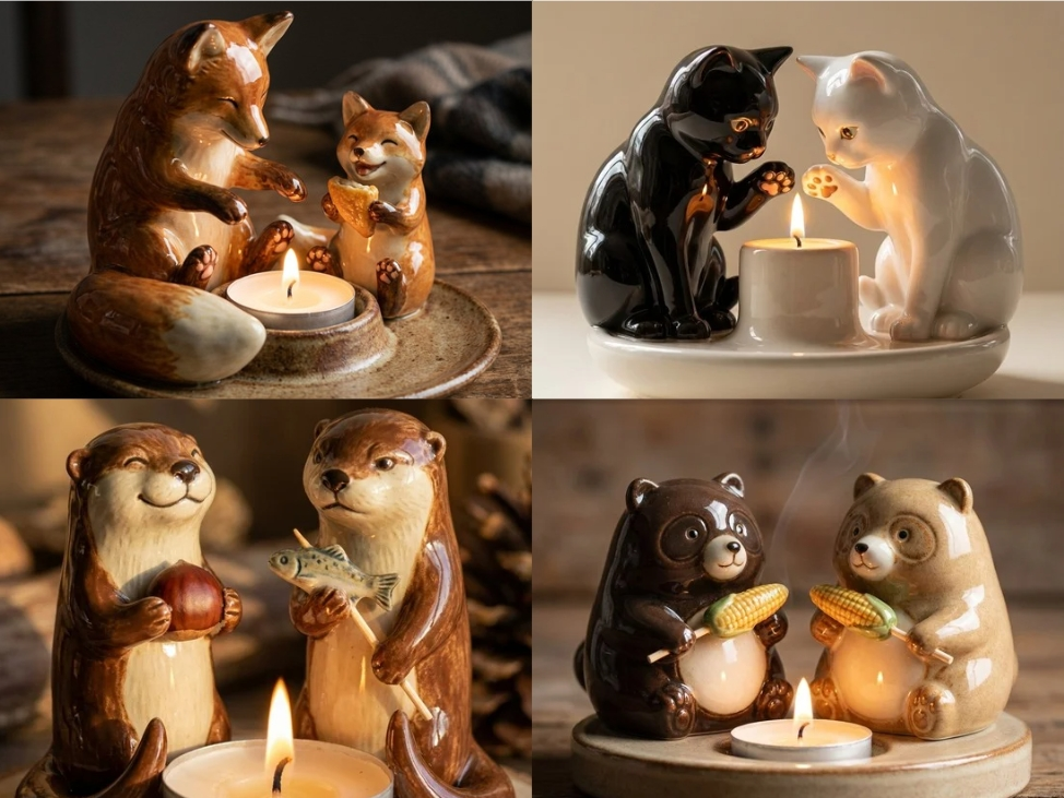 Ceramic tanukis roasting corn over candle