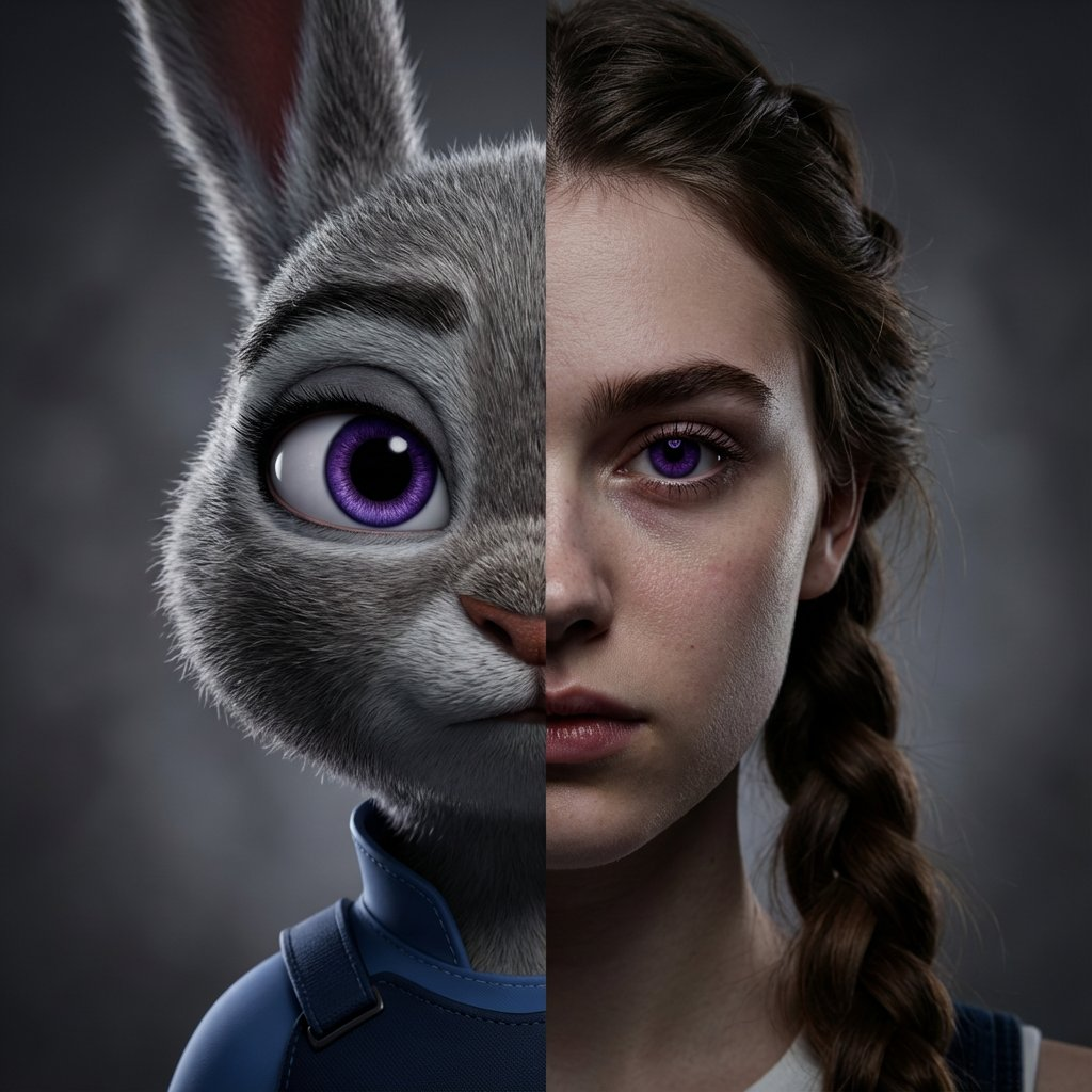 Split portrait of Judy Hopps and American woman