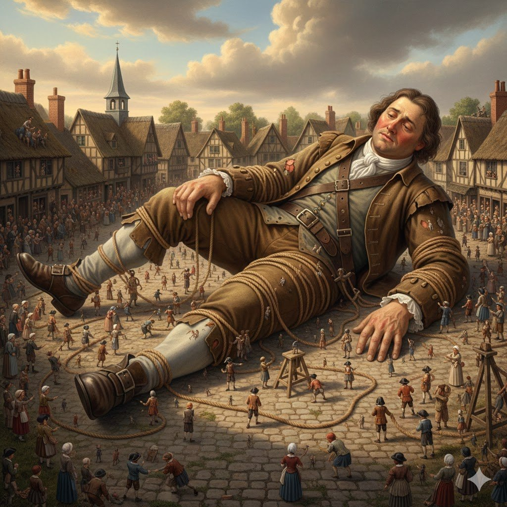 Gulliver tied down by tiny villagers
