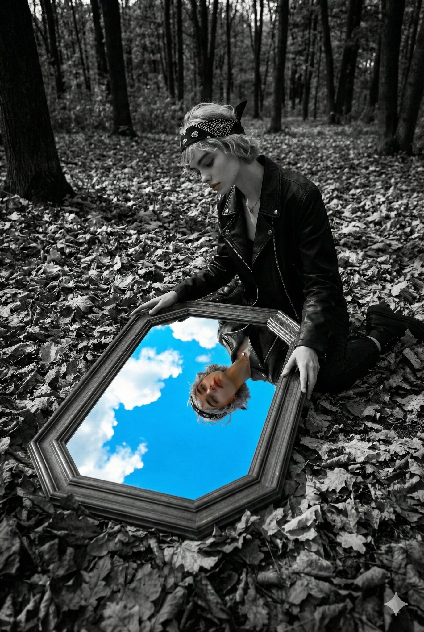 Woman in black kneeling in B&W forest with colorful mirror