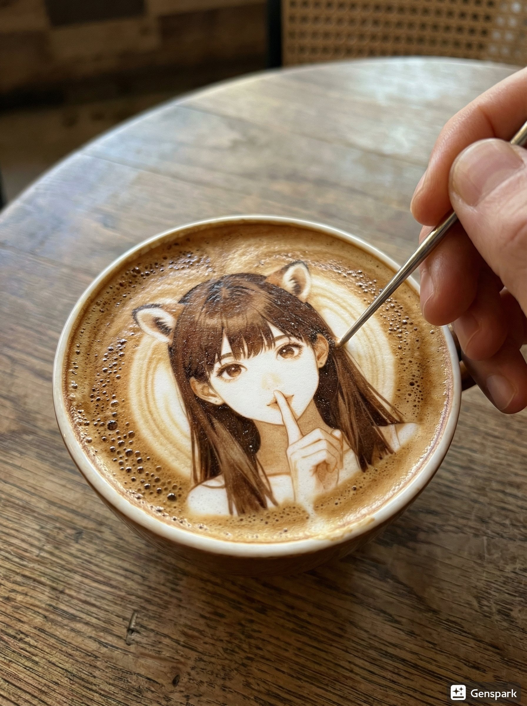 Latte art of a character on cafe foam