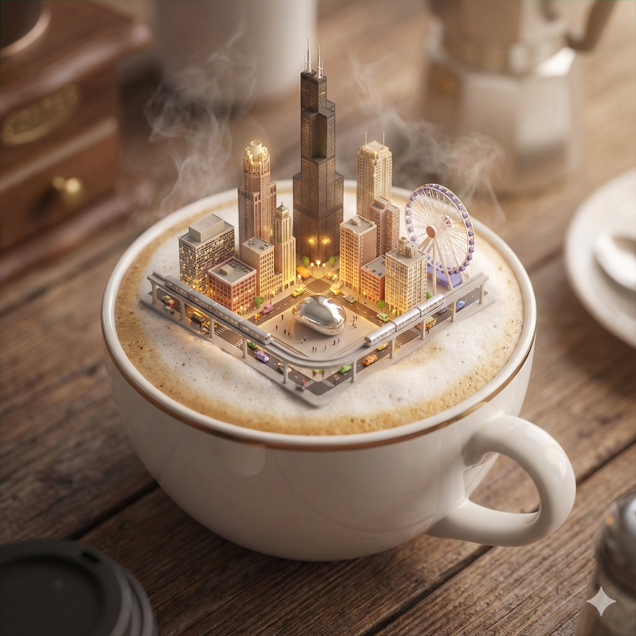 Miniature city floating in cappuccino foam