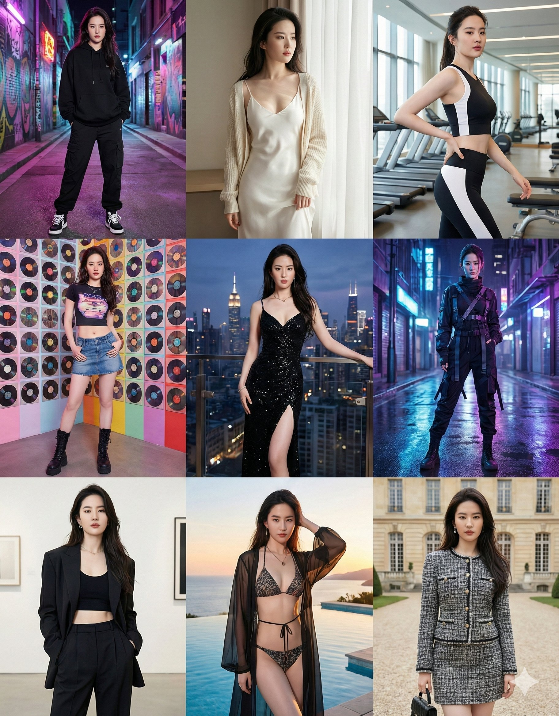 3x3 fashion grid of person in various styles