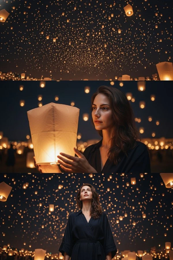 Three-Panel Lantern Festival Portrait