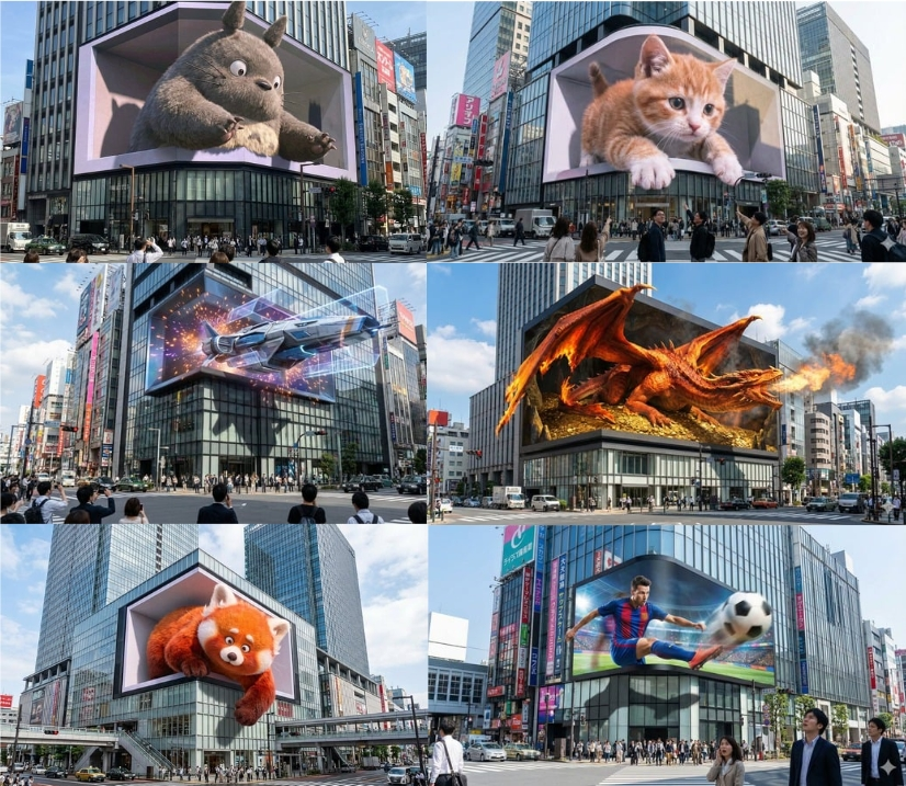 Glasses-free 3D LED screen with giant red panda at urban intersection