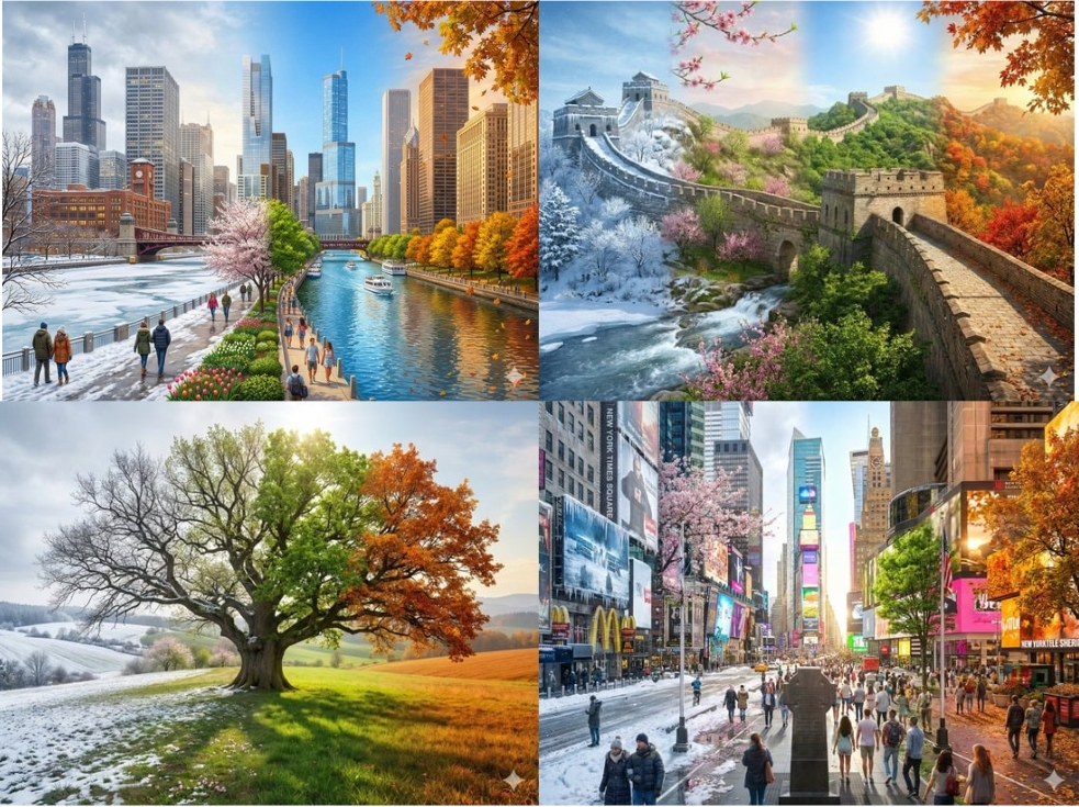 Seasonal cycle panorama of Shanghai Bund and Lujiazui