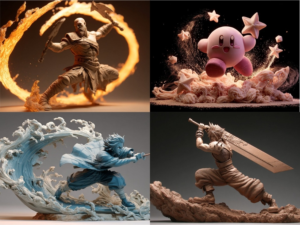 3D sculpted clay model in dynamic action pose