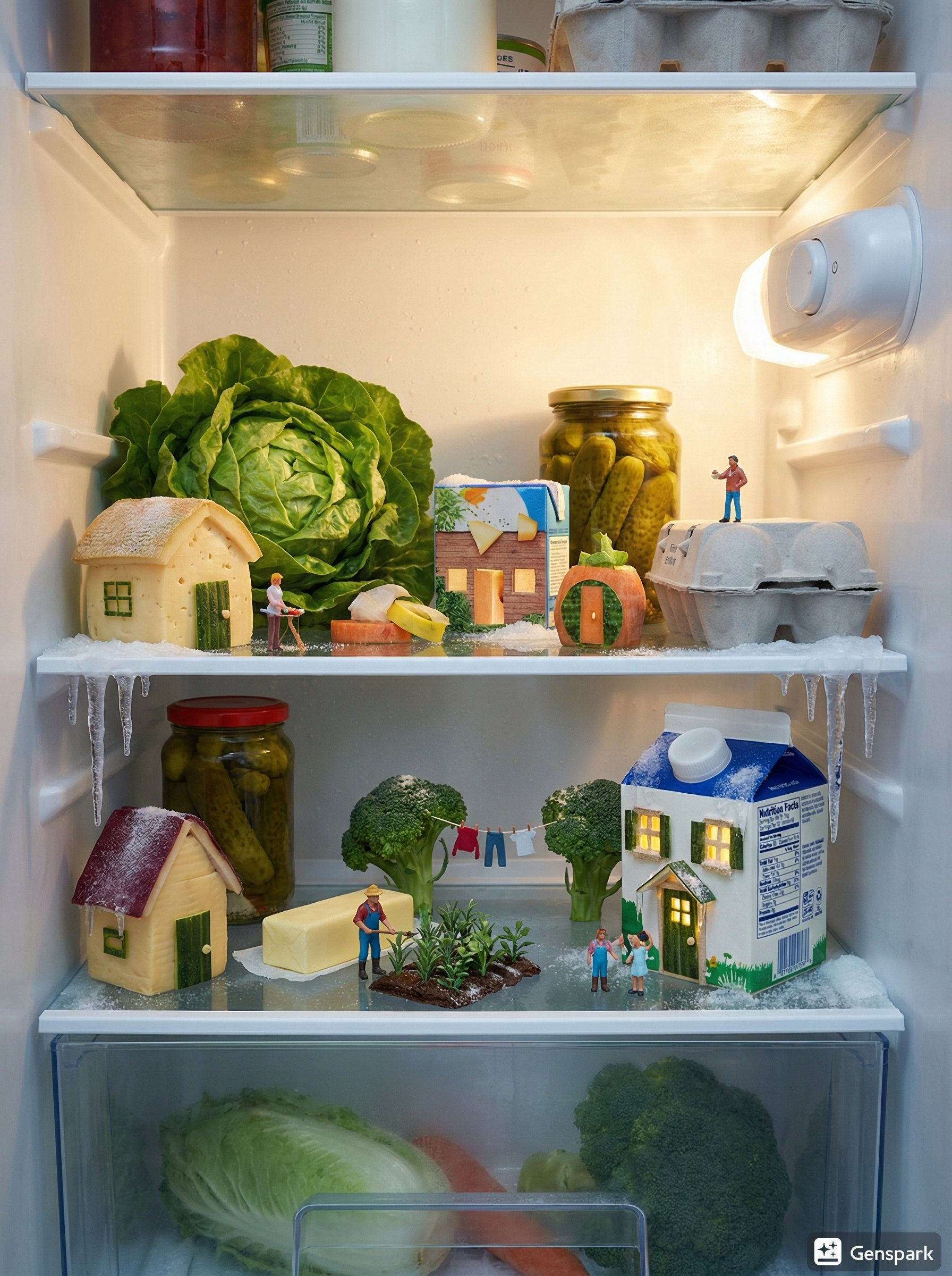 Miniature village inside an open refrigerator