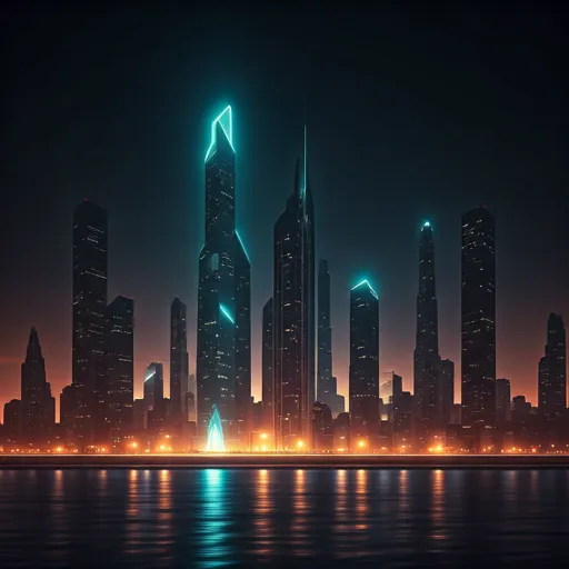 A sharp, detailed 2K artwork of a futuristic cityscape at night with glowing neon lights